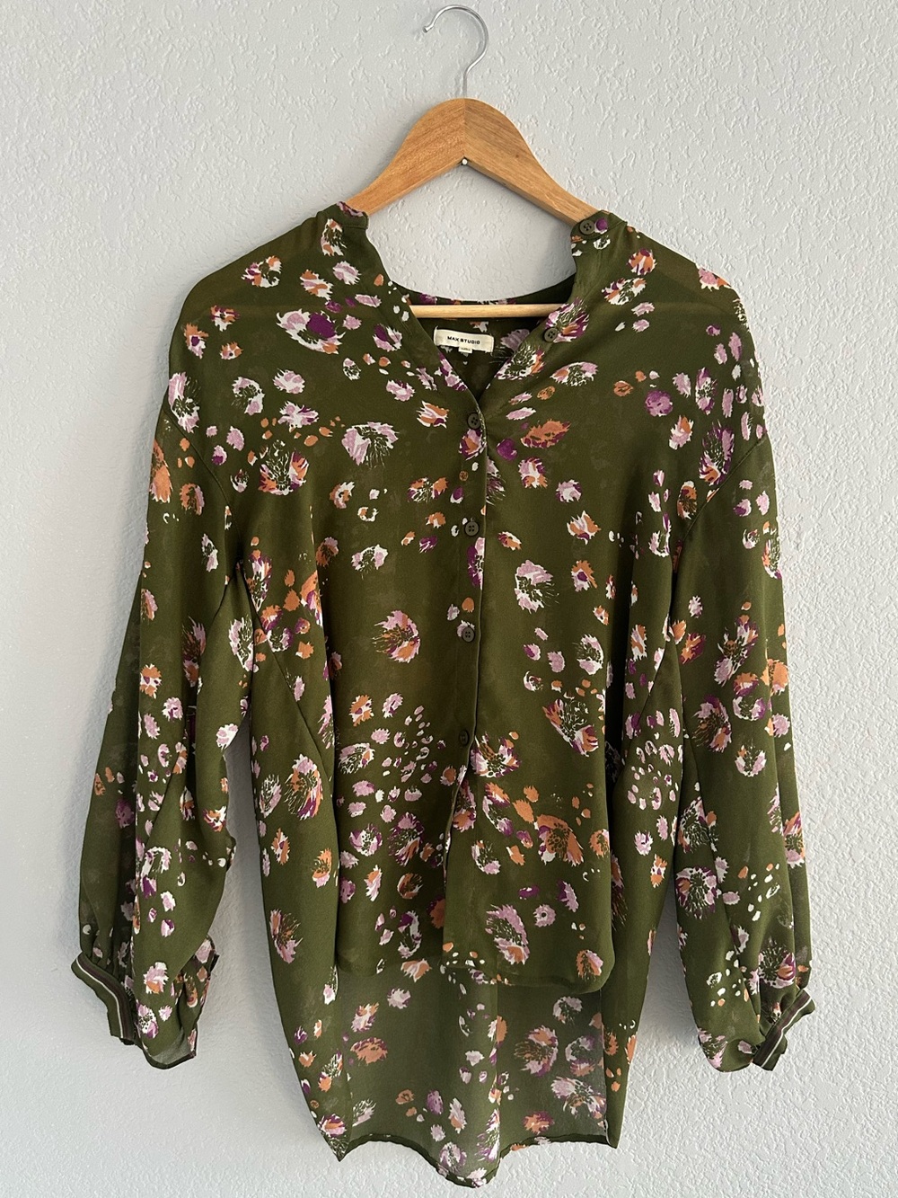 Max Studio Olive Green Floral Button-Front Blouse